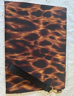 Versace leopard print nylon zip wristlet pouch  black wrist strap Greek key