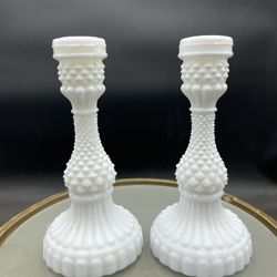Vintage Fenton Milk Glass Hobnail Candle Holder Pair 6.5” VG