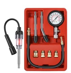 9 Pieces Automotive Compression Tester Kit And Spark Plug Tester, Universal Car And Motorcycle Engine Testing Tools For Cylinder Pressure Gauge (Red)