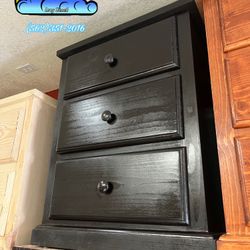 Three Drawer Black Pinewood Night Stand Dresser Chest New