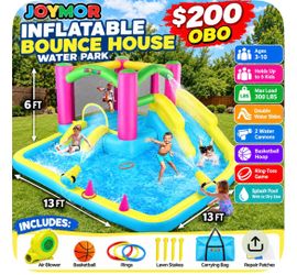 #2 JOYMOR Inflatable Bounce House with Double Water Slide for Kids Toddler Age 3-10, Splash Pool Water Cannons, Ring-Toss Games for Outdoor Backyard F