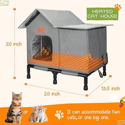 PatiencET Heated Cat House for Outside, Foldable Weatherproof Insulated Outdoor Cat House, Adjustable Temperature, Elevated Base with Ground Stakes, f