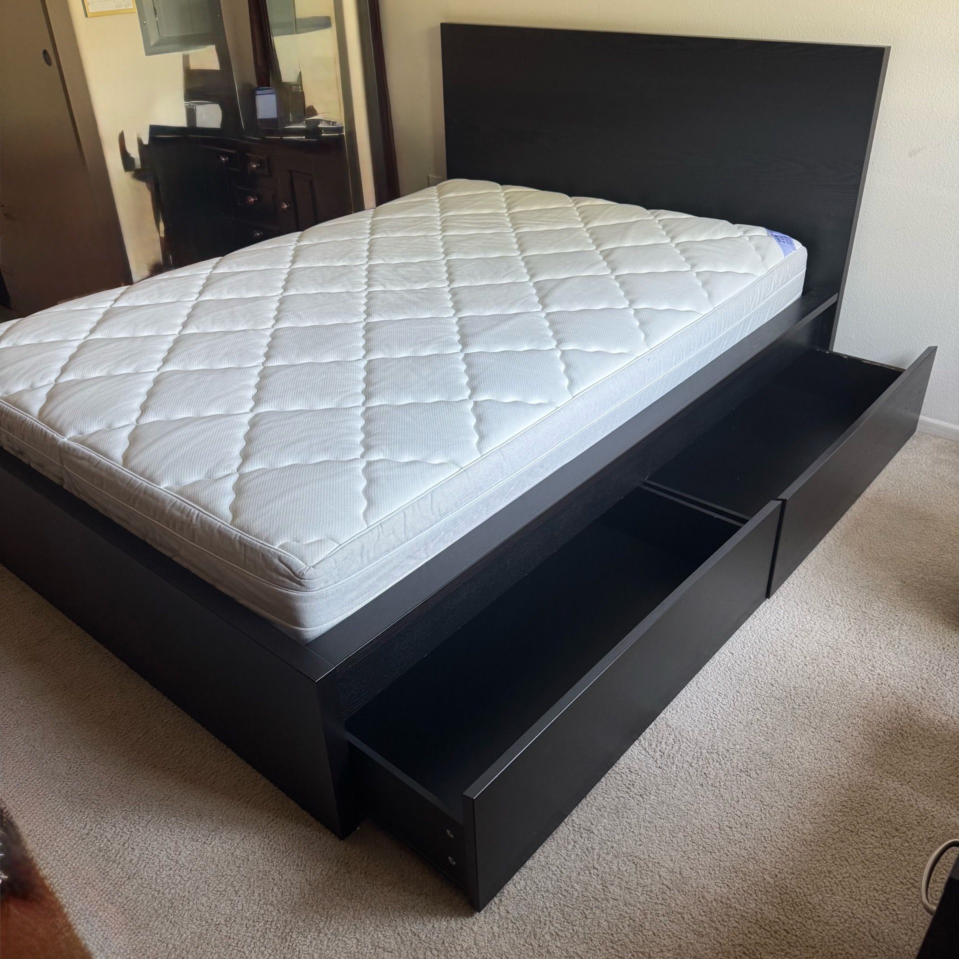 IKEA Malm Full Size Bed Frame/ 4 Storage Boxes Black Very Good Condition