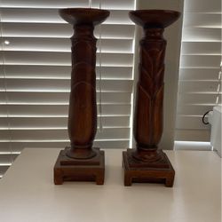2 Wooden Pillar Candle Holders