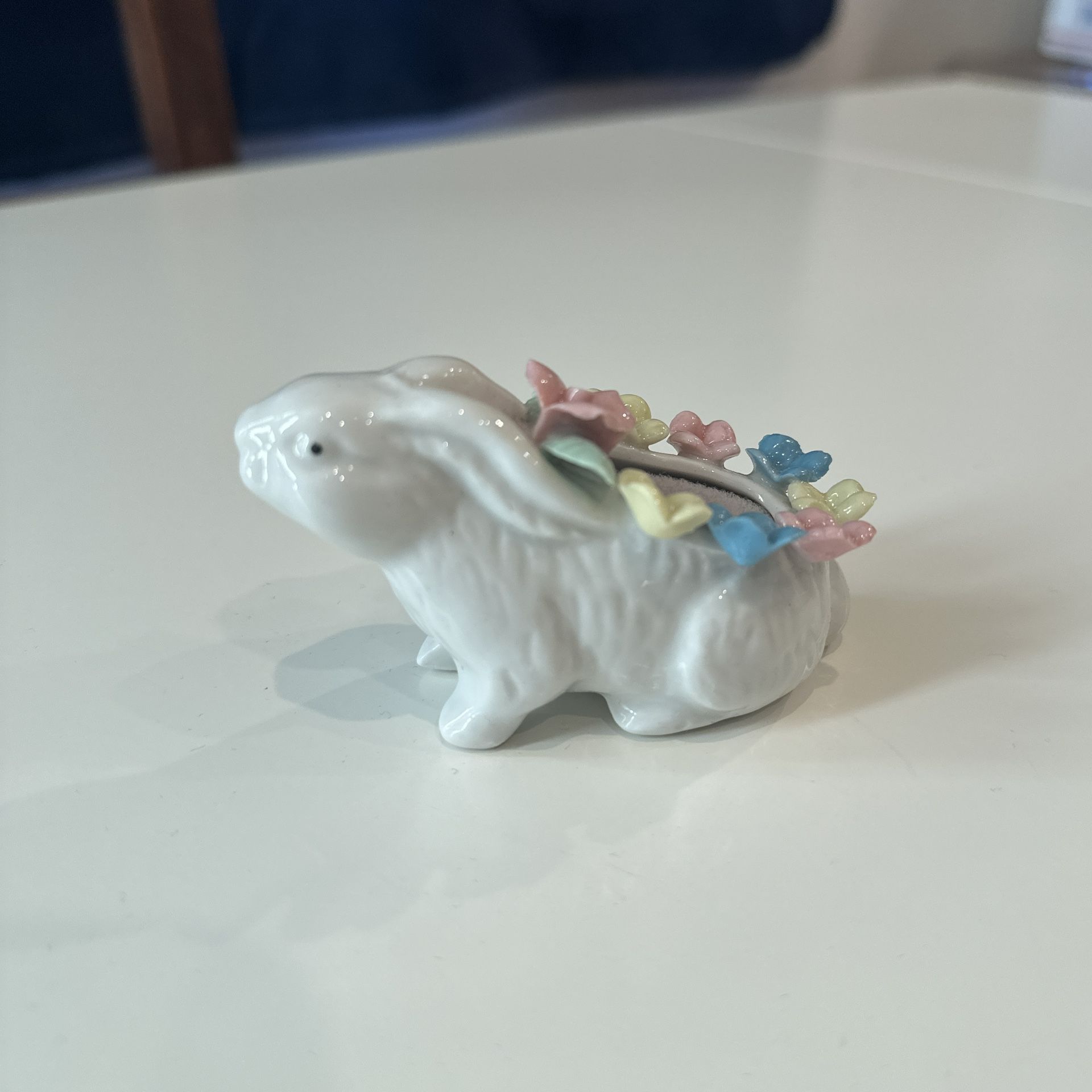 Ceramic Porcelain Pin Cushion White Bunny Rabbit With Flowers Vintage Old