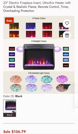 23" Electric Fireplace Insert, Ultra-thin Heater with Crystal & Realistic Flame, Remote Control, Timer, Overheating Protection New in Box