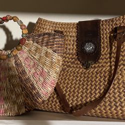 Set Of 2 Wicker Straw Purse Handbags 