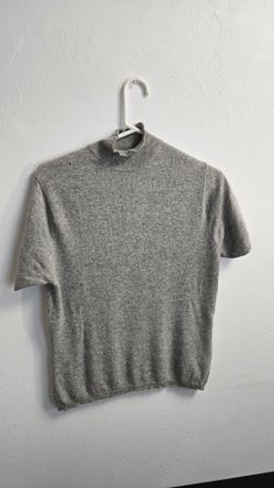 Vintage Two Ply Cashmere Gray Mock Neck Short Sleeve Sweater Top