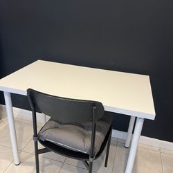 White Desk + Black Chair with Grey Cushion