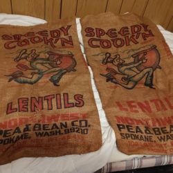  Vintage "Speedy Cook'n Lentils" burlap sacks.