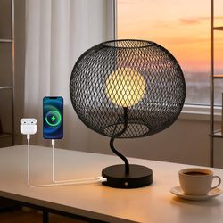 Rechargeable Cordless Nightstand Lamp with USB-C and A Ports, Cage Design, Dimmable, Bulb Included