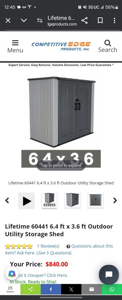 Lifetime Utiltity Shed 60441 6.4 X 3.6 Ft Outdoor Resin NEW