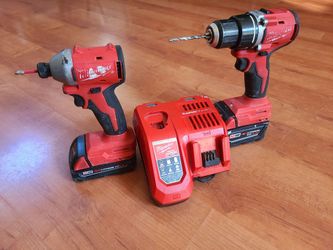 ~MILWAUKEE CORDLESS TOOL SET WITH TWO M18 RED LITHIUM BATTERIES PLUS SUPER FAST CHARGER IN GREAT WORKING CONDITION~