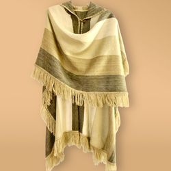 Soft Alpaca Hand-knitted Poncho With Hood. Open Style Handmade By Artisans Of South America,Color Beige, Brown & Gray. One Size. Handmade. Imported
