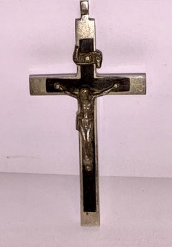 Vintage German Catholic Crucifix Cross Black Enamel Metal Corpus Pendant 3”