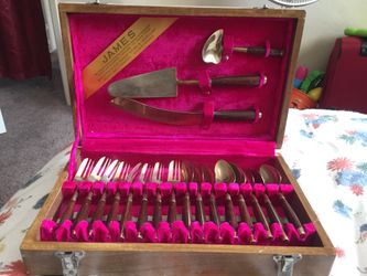 Vintage Asian Siam Thailand Rose Wood & Brass 19 Piece Set w/ Wooden Case