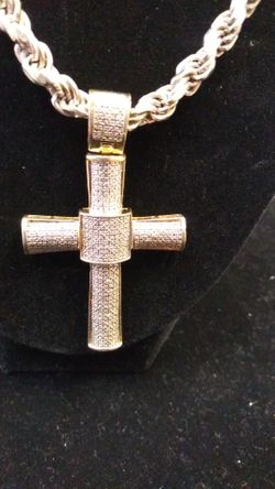 Sterling Silver 22" Rope Chain & Cross with Diamonds