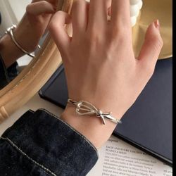 925 sterling silver women's lady's bow cuff bracelet Band Bangle Gift