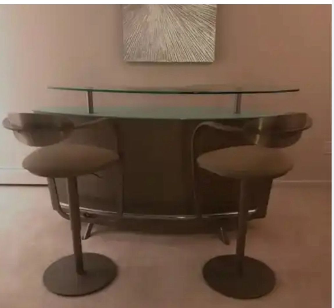 Modern Bar Set And Custom Leather Stools 