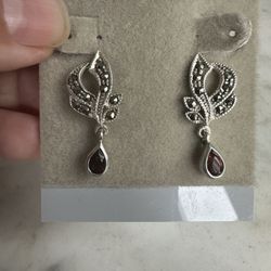 Vintage, 925 Sterling Silver Genuine Pear Shaped Garnet Dangle Earrings W/ Marcasite Accents, Marked THM 925, Beautiful!!
