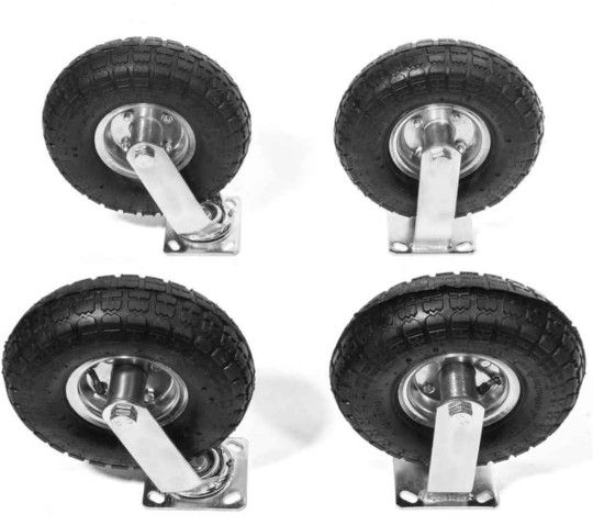 10" inch Pneumatic Tire Set of 4PC Air Rubber Tires (2) Rigid Fixed & (2) Swivel Caster Rubber Wheel Bolt-On