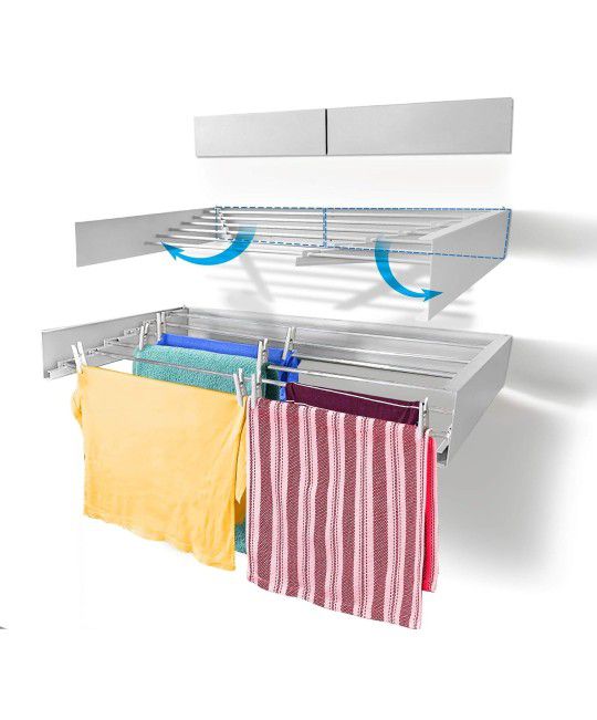 Laundry Drying Rack (40-INCH White), Wall Mounted, Retractable Clothes Drying Rack, 60lbs Capacity, 20 Linear Ft, with Wall Template and Long Screwdri