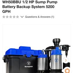 WH50BBU 1/2 HP Sump Pump Battery Backup System 5200 GPH