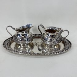 S Kirk & Sons Sterling Silver Repousse Cream & Sugar Set With Tray And Tongs 468 Grams