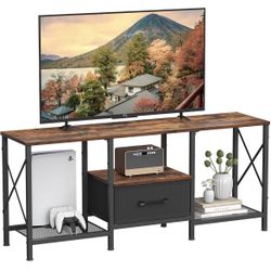 TV Stand with Fabric Drawer, Entertainment Center for 50 55 Inch TV, Industrial TV Console Table with Open Storage Shelves for Living Room, Bedroom, R