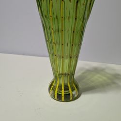 Hand Blown Art Glass Vase Green with Yellow and Red Ribbon Design 10.5 Inches Tall

