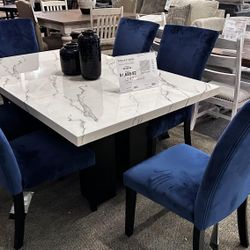 LH 👉$39 Down Payment 👉Vollardi Marble Dining Table,Blue 6 Chairs Dining Room Set 