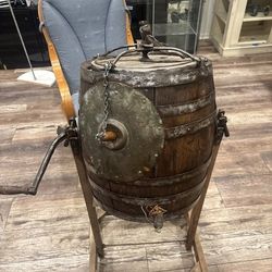 Antique American Wooden Ware A.W.W. Toledo Ohio Barrel Butter Churn Stand