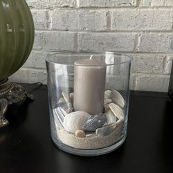 beachy sandy seashell candle centerpiece with thick base wide lip glass fits many decors and events 