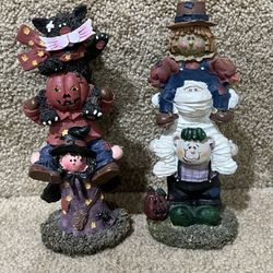 Halloween Totem On Shoulders Cat Scarecrow Pumpkin Resin Statue 6.25” set of 2