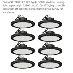 Pack of 8 150W UFO LED lights, 5000K daytime running light, super bright 22500 LM, AC100-277V, high bay LED lights with 5ft cable for garage lighting 