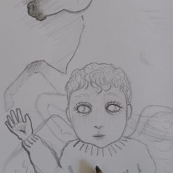BABY ANGEL AND HORSE SKETCH, ORIGINAL ART HAND DRAWN ON PAPER UNFRAMED MINIATURE 