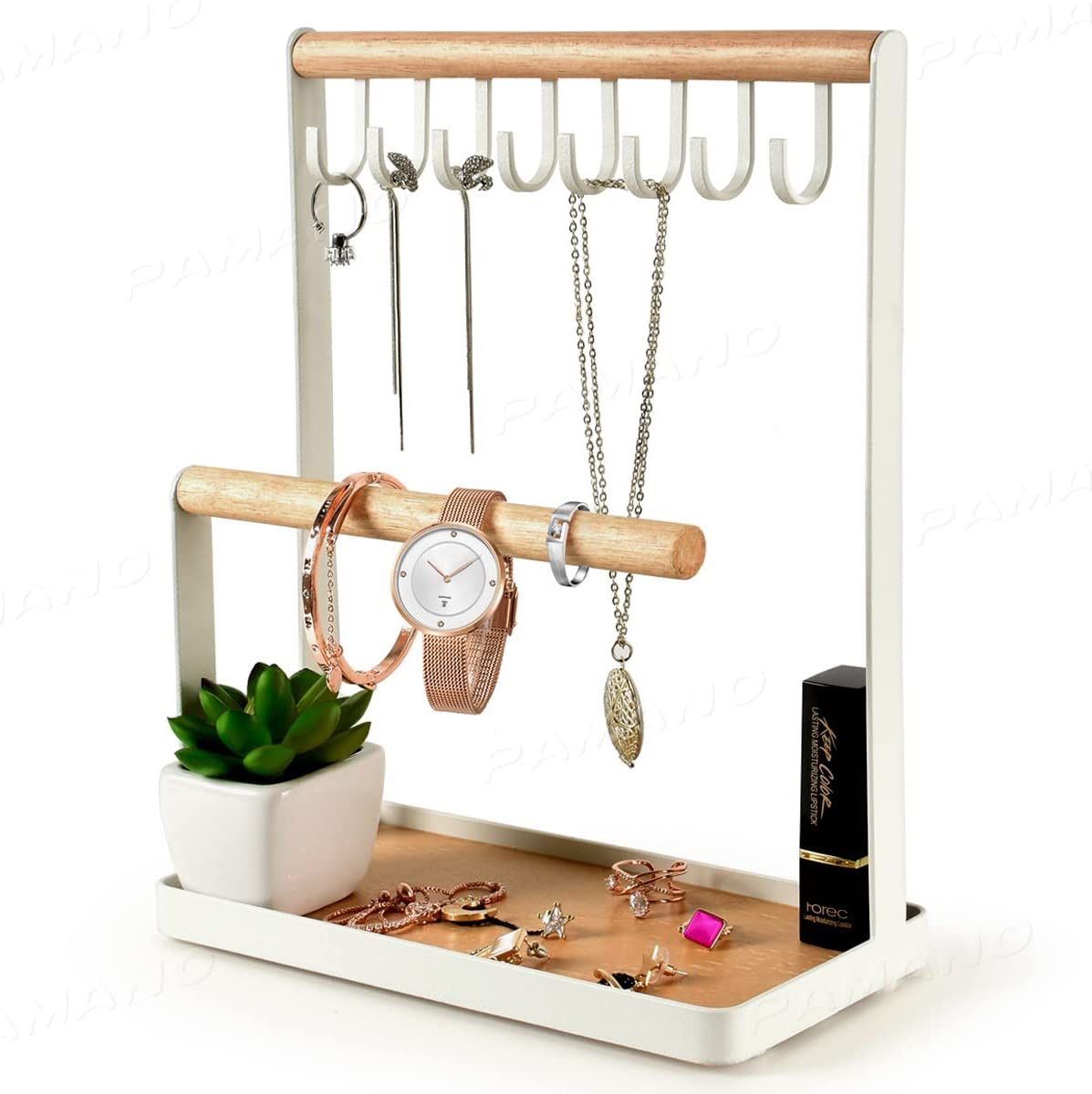 Jewelry Stand Holder, 3-Tier Necklace Hanging Wooden Ring Organizer Earring Tray, 8 Hooks Storage Necklaces, Bracelets, Rings and Watches on Desk Tabl