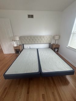 King Size Upholstered Headboard with Box Spring & Metal Bedframe