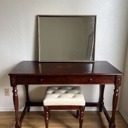 Solid Wood Desk With Stool & Mirror