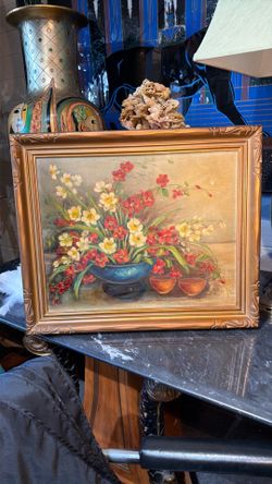 Mid Century oil on canvas, beautiful flowers 42 by 20