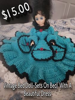 Vintage Bed Doll - Sets On Bed / With a Beautiful  Dress 
