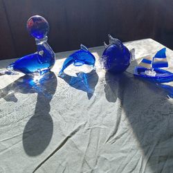 Blown Glass  Sea Lion Dolph  Puffer Fish And  Boat