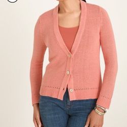 Chico’s Salmon Orange Pink Pearl Buttons Linen Knit Button Cardigan Size Medium