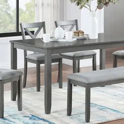 6 Pieces Dining Table Set, Wood Rectangle Table and 4 Chairs with Bench with Cushion, Kitchen Table Set, Living Room Furniture - Gray