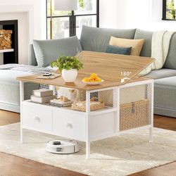 Flip Top Coffee Table, Square Coffee Table Metal Wood, Farmhouse Lift Up Cocktail Table, White/Black
