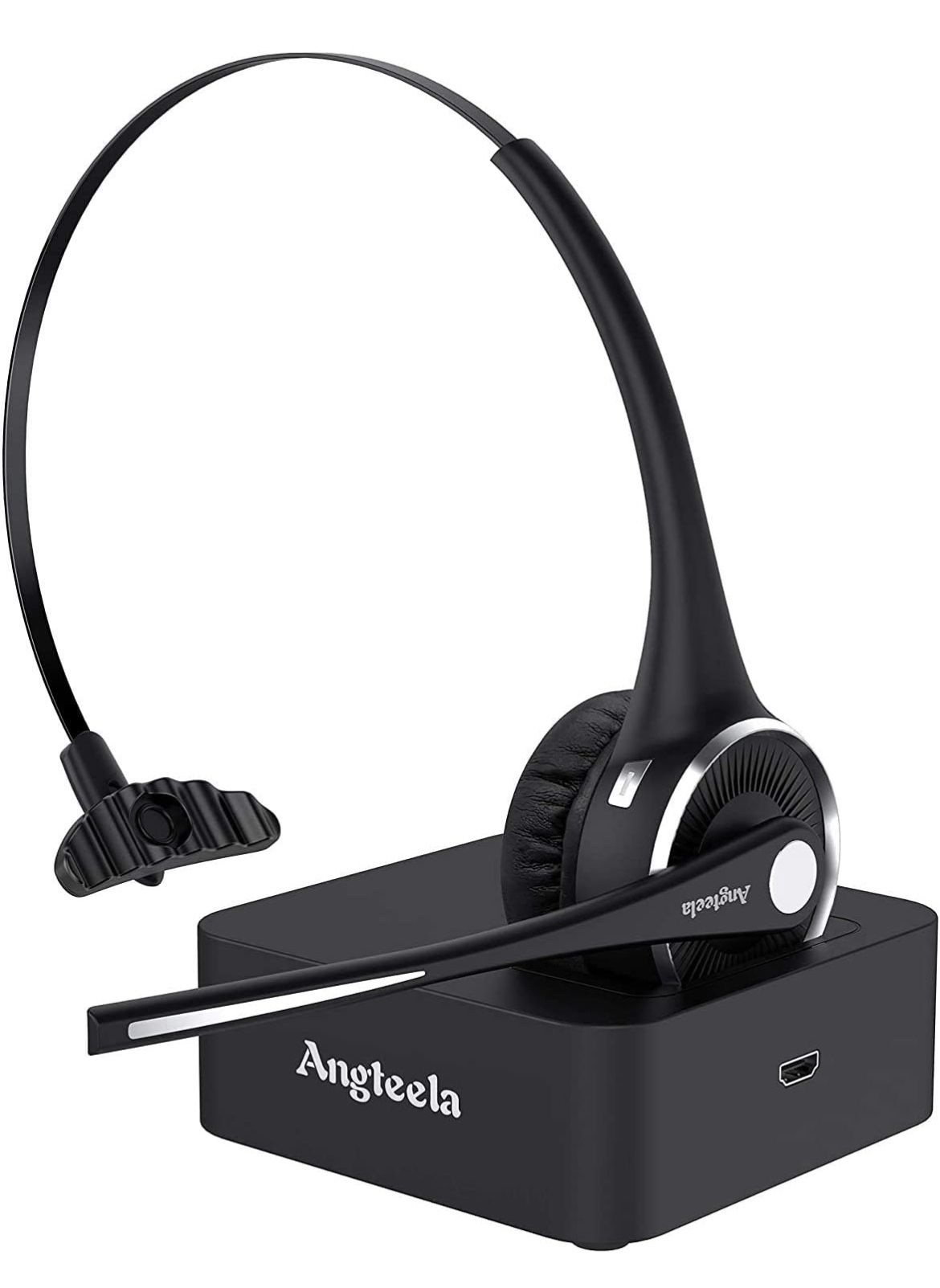 Trucker Bluetooth Headset, Angteela Wireless Headset with Microphone, Wireless Cell Phone Headset with Noise Canceling Mic Charging Base Mute Function