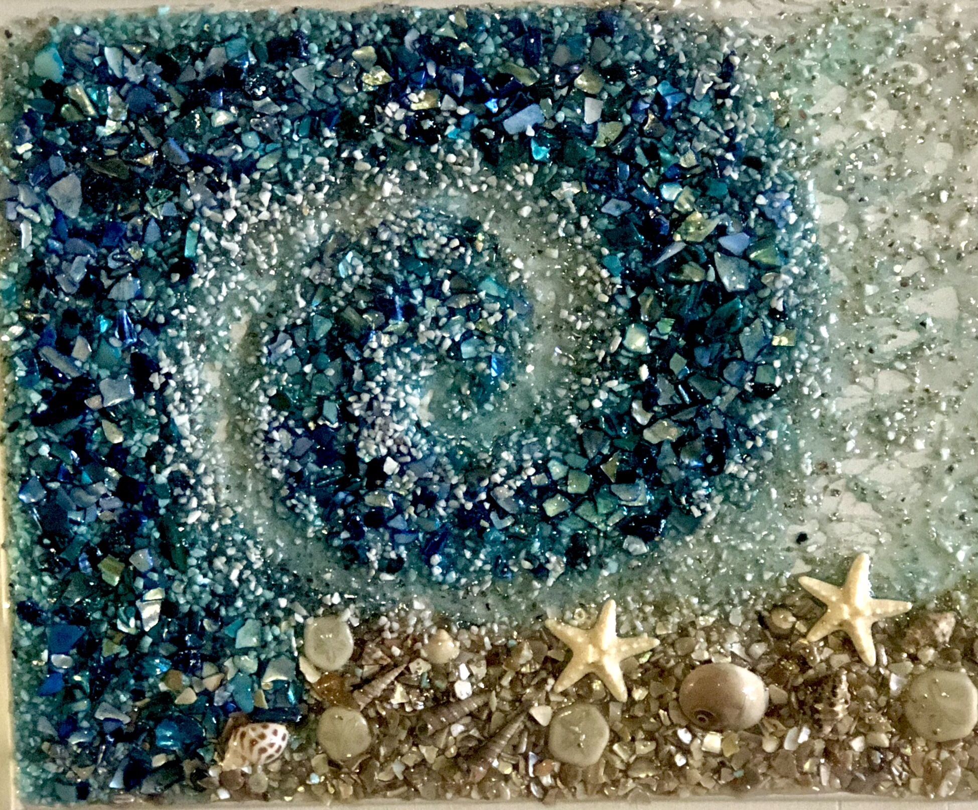 Handmade Resin Ocean Wave & Seashells Art Work On Canvas