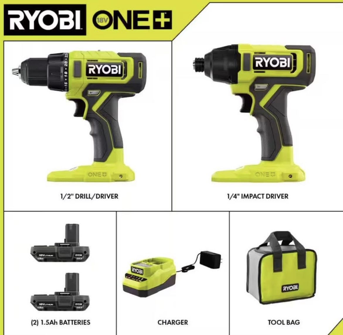 RYOBI ONE+ 18V Cordless 2-Tool Combo Kit with Drill/Driver, Impact Driver, (2) 1.5 Ah Batteries, and Charger $139(Retail price) $100(Your Price)