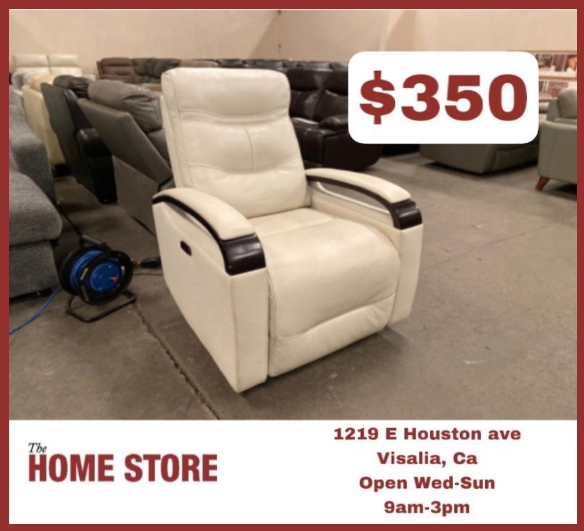 Cream White Leather Power Recliner With Power Headrest 