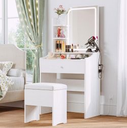 LIKIMIO Small Makeup Vanity Desk with Mirror & Lights – White (Chair Not Included)
